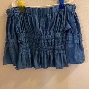 Hand made, denim, stylish, confortable woman’s off shoulder blouse.